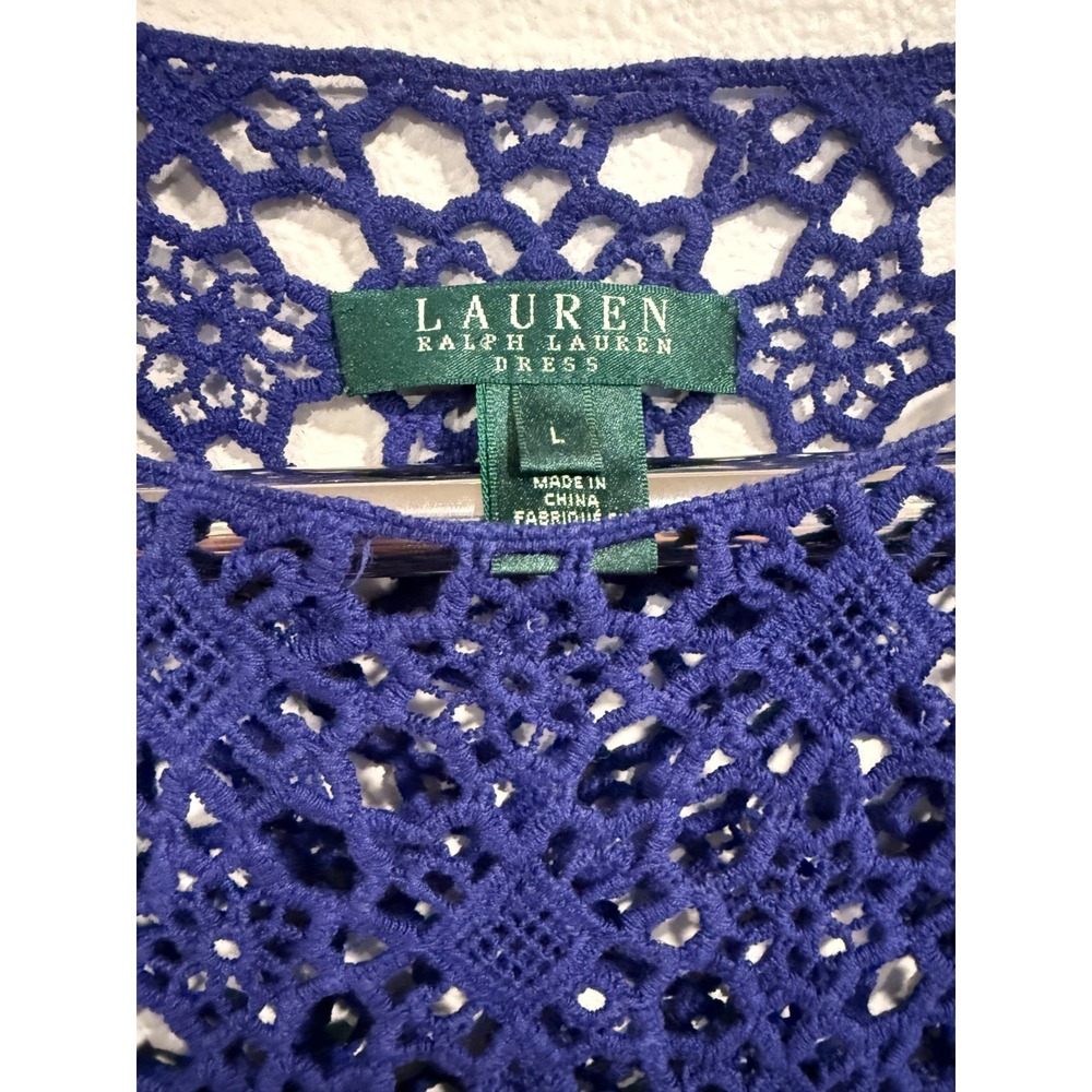 Lauren Ralph Lauren Crochet Midi Dress Women's Large Royal Blue Sleeveless Sheer - Picture 2 of 6